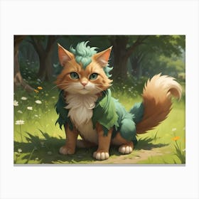 A Cute, Cartoon Style Illustration Of A Furry Orange And White Cat With Green Hair, Wearing A Green Shirt, Standing On A Path In A Forest, Surrounded By Green Grass And Flowers Canvas Print