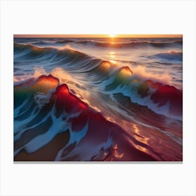 Powerful Ocean Waves Illuminated By The Setting Sun, Creating A Surreal Effect Of Red And Orange Hues In The Water Canvas Print