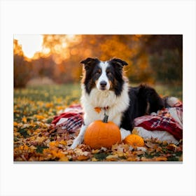 Autumnal Backdrop Transitioning Into Winter An American Border Collie Sits On A Bed Of Fallen Leave (1) 2 Canvas Print