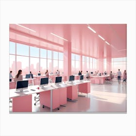 Modern Office Interior With Pink Walls, White Desks, And Large Windows Overlooking A Cityscape, Showcasing People Working And Walking Around Canvas Print