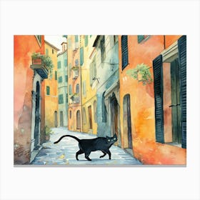 Black Cat In Modena, Italy, Street Art Watercolour Painting 2 Canvas Print