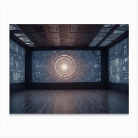 A Dark Room With A Large Screen Displaying A Glowing Circular Pattern With Lines And Data Flowing Through It Canvas Print