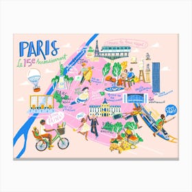 Paris 15th Arrondissement Illustrated Map Canvas Print