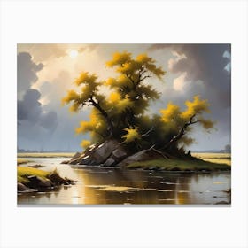 A Painting Depicting A Single Tree With Yellow Leaves On A Rocky Island In A River Canvas Print