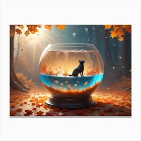 Black Labrador Retriever Sitting Inside A Glass Fishbowl, Surrounded By Autumn Leaves With Jellyfish Floating Around Canvas Print