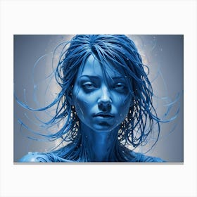 Blue Toned 3d Render Of A Woman S Face With Flowing Hair Made Of Abstract Shapes Canvas Print