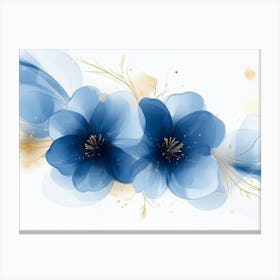 Elegant Abstract Blue Flowers with Golden Line Art Design on a White Background Canvas Print