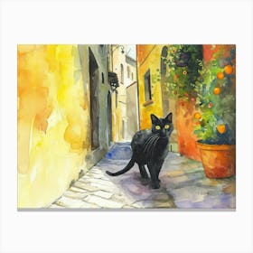 Black Cat In Cesena, Italy, Street Art Watercolour Painting 3 Canvas Print