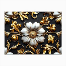 Elegant Leather Base Golden and White Floral Damask Seamless Flowers with Gold Canvas Print