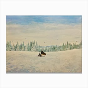 Man Playing Piano In Snow Covered Meadow White Sky Canvas Print