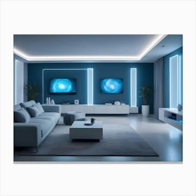 A Modern Living Room Interior With A Blue Sofa, A Coffee Table, Two Tvs, And Blue Accent Lights Canvas Print