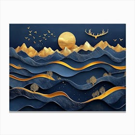 3d Dark Blue and Golden Wave Background Mountains, Golden Deer and Birds Canvas Print