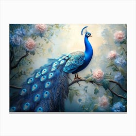 3d Artwork Background Blue Peacock On Branch 2 Canvas Print