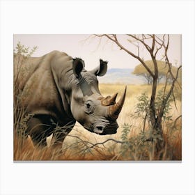 Black Rhinoceros Grazing In The African Savannah Realism 3 Canvas Print