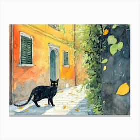 Black Cat In Milano, Italy, Street Art Watercolour Painting 1 Canvas Print