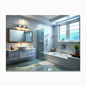 Modern Bathroom With White Tile And Wooden Accents Canvas Print