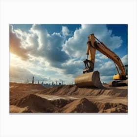 Powerful Excavator At A Construction Site Against A Blue Sky With Clouds Canvas Print