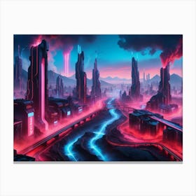 Cyberpunk industrial city with lava and river 1 Canvas Print