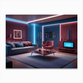 A Modern Living Room Interior With A Blue Sofa, A Red Armchair, And A Tv, All Illuminated By Warm And Cool Neon Lights Canvas Print