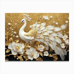 Golden And White Floral Peacock Canvas Print