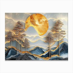 3d Modern Landscape Moon, Golden Christmas Trees, Colorful Mountains Painting Canvas Print