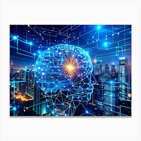 Digital Illustration Of A Human Brain With Circuit Board Patterns, Superimposed On A Nighttime Cityscape 1 Canvas Print