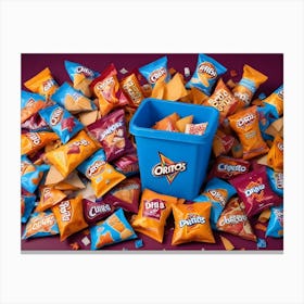 A Blue Recycling Bin Filled With An Overflowing Amount Of Colorful Chip Bags 1 Canvas Print