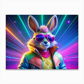 Cool Bunny In Sunglasses And Leather Jacket With Neon Lights Canvas Print