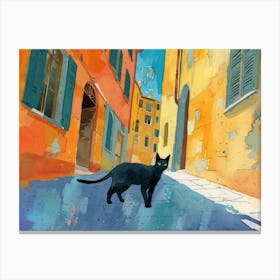 Black Cat In Bologna, Italy, Street Art Watercolour Painting 3 Canvas Print