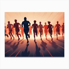 Silhouettes Of A Group Of Runners Against A Bright Orange Background Canvas Print