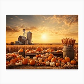 A Vintage Style Autumn Harvest Composition Showcasing Piles Of Pumpkins And Corn Cobs Scattered In (3) Canvas Print