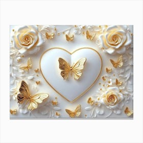 3d Art With White Background And Gold Roses, Butterflies with Heart Shape Canvas Print