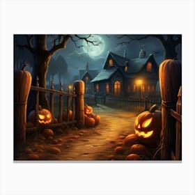 Halloween evening village with glowing Jack-o'-lanterns Canvas Print