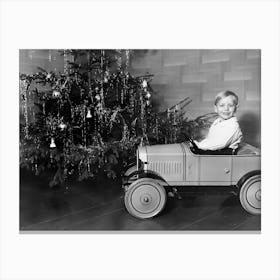 Boy With Toy Car, Christmas, Vintage Black and White Old Photo Canvas Print