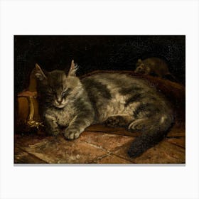 Vintage Painting Cat And Mouse Canvas Print