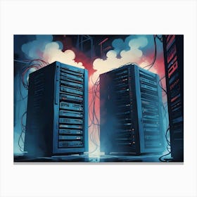 Two Server Racks In A Server Room With Red And Blue Glowing Lights And Smoke Canvas Print