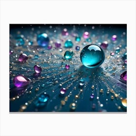 Abstract Composition With Colorful, Glassy Spheres On A Blue Surface With Golden Lines Radiating Outward, Creating A Dazzling Effect Canvas Print