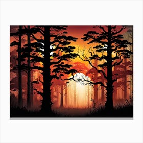   Forest bathed in the warm glow of the setting sun, forest sunset illustration, forest at sunset, sunset forest vector art, sunset, forest painting,dark forest, landscape painting, nature vector art, Forest Sunset art, trees, pines, spruces, and firs, orange and black.  Canvas Print