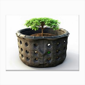 Green Plant In A Black Planter With Holes Canvas Print