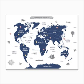 Navy Blue World Map Canvas Print