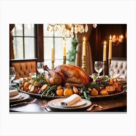 A Sumptuous Thanksgiving Banquet Showcasing A Centerpiece Of Succulent Fresh Roasted Turkey Surrou Canvas Print