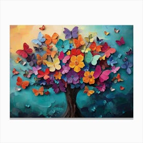 Multicolor Flower With Leaves And Butterflies Above On The Tree 1 Canvas Print