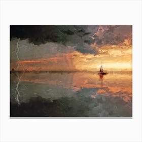 Boat Storm And Lightning Oil Painting Landscape Canvas Print