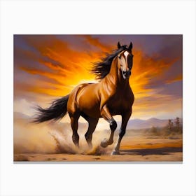 Beautiful Brown Wild Mustang Galloping In A Sandy And Dry Region Infront Of A Sunrise Spoting Something - Color Painting Canvas Print