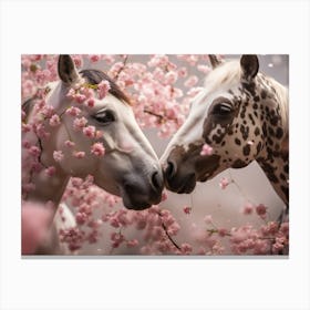 Two Horses Kissing Under Cherry Blossoms Canvas Print