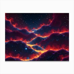 Surreal, Alien Landscape With Glowing, Bioluminescent Trees Growing On Rolling Hills Beneath A Starry Night Sky Canvas Print