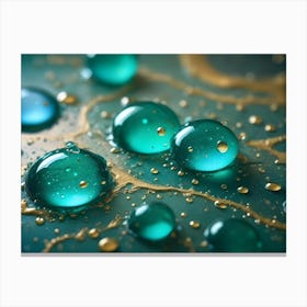 A Close Up Shot Of Turquoise Colored Liquid Droplets On A Teal Surface With Gold Accents Canvas Print