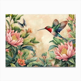 Hummingbird And Flowers 1 Canvas Print