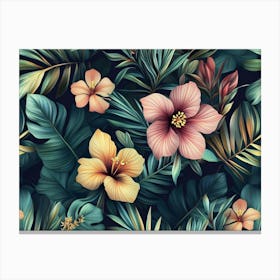 Tropical Seamless Pattern with Exotic Leaves, Strelitzia Flowers, Hibiscus and Plumeria Canvas Print