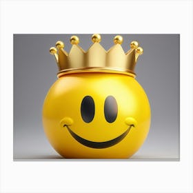 Smiley Face Emoji Adorned With A Gold Crown 3d Representation Set Against A Matte Gray Backdrop C Canvas Print